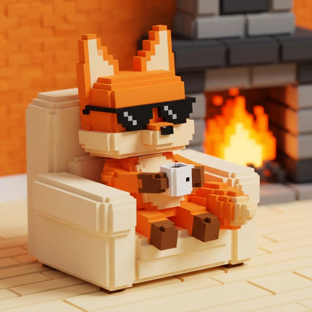 Cool voxel fox with sunglasses drinking coffee while the room is on fire