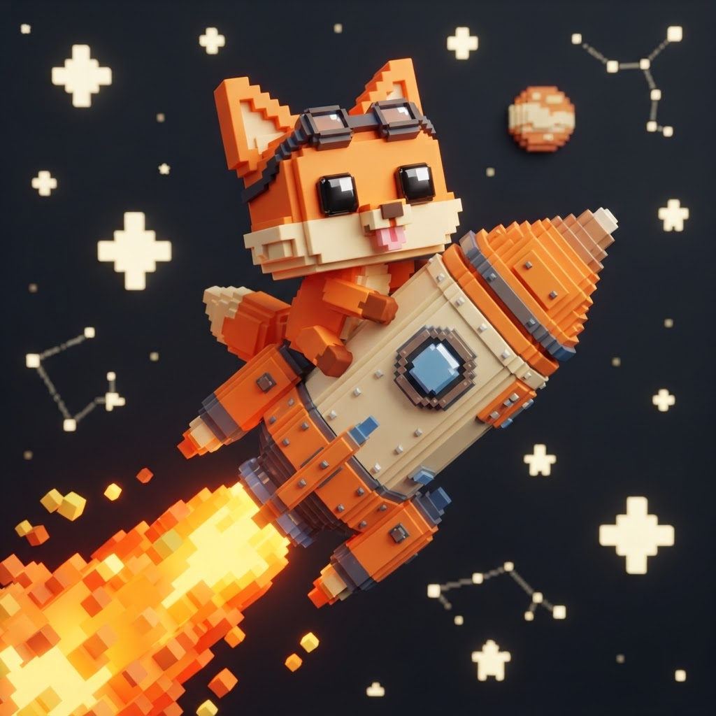 Happy voxel fox riding a rocket through space